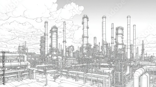 A detailed line drawing of an expansive oil refinery, pipes and tanks dominating the industrial landscape, with a layered sky showing clouds in a separate section.