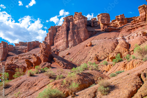 Charyn Canyon, Valley of Castles. The excellence of Kazakhstan. Panorama of natural unusual landscape. The red canyon of extraordinary beauty looks like a Martian landscape.