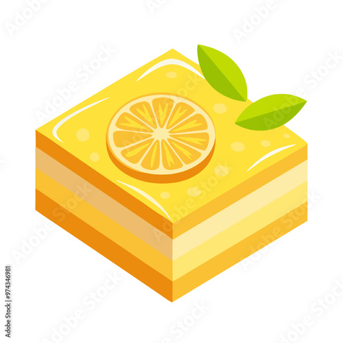 Lemon Cake Delight: A vibrant, isometric illustration of a delicious lemon cake, featuring a juicy orange slice and delicate green leaves on top. Perfect for culinary blogs, dessert menus, and sweet t