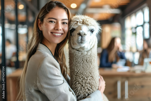 Bright Smiles in the Office: Woman with Alpaca. A happy young Caucasian woman with blonde hair in a business suit, sharing a cheerful moment with a white alpaca in an office.
