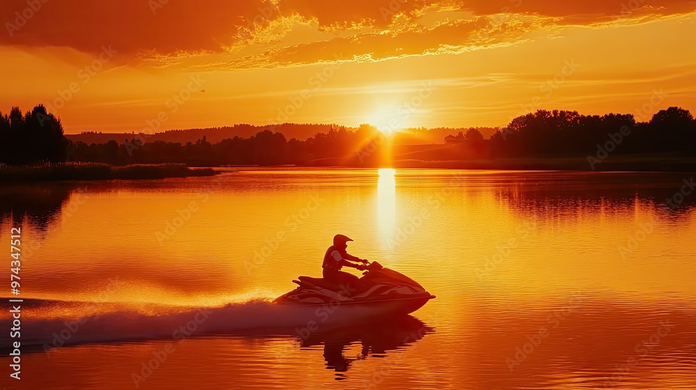A jet ski rider speeding across a calm lake at sunset, with the reflection of the orange sky on the water. A jet ski rider speeding across a calm lake at sunset, with the reflection of the orange sky on the water.
