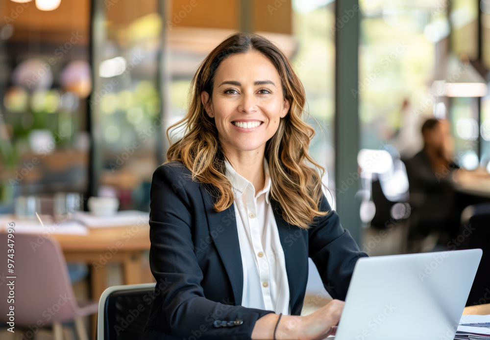 Contemporary Professional at Work. A smiling Caucasian woman in business attire focuses on her laptop in a modern cafe environment, radiating positivity.
Contemporary Professional at Work. A smiling Caucasian woman in business attire focuses on her laptop in a modern cafe environment, radiating positivity.