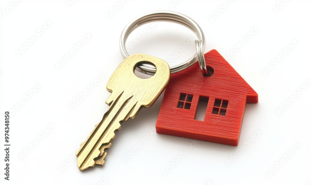 Golden Key with Red House Keychain on White Background Golden Key with Red House Keychain on White Background