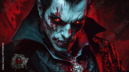 Hyper-detailed vampire with realistic, vibrant blood accents, very high quality. 50 keywords