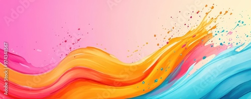 Fluid wave shapes, vibrant paint splashes, bright tones, abstract movement, Watercolor style