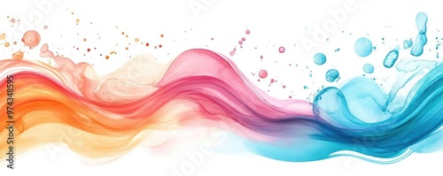Fluid wave shapes, vibrant paint splashes, bright tones, abstract movement, Watercolor style