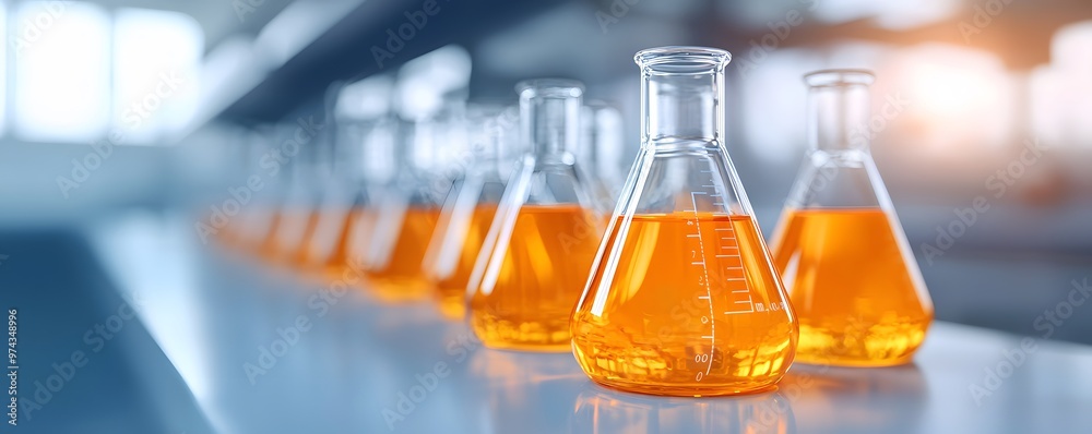 Colorful laboratory flasks filled with vibrant orange liquid ...