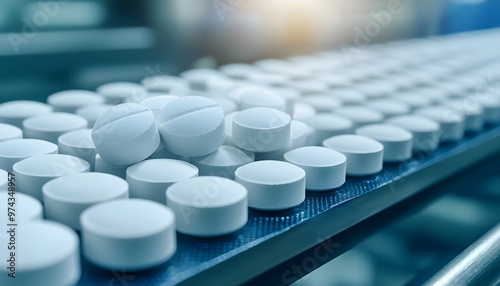 Close-up of white tablets on a production line in a pharmaceutical facility, showcasing precision and technology in medication production.