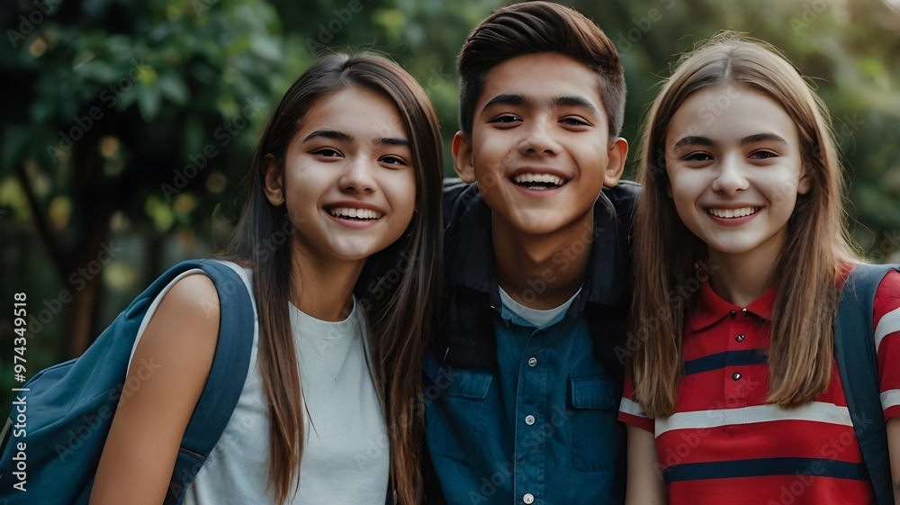 Portrait of three teenagers smiling Portrait of three teenagers smiling