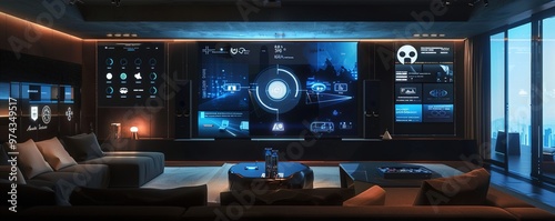 A sophisticated AI interface embedded into a modern smart homea??s wall, displaying security, climate, and entertainment controls with sleek holographic projections. photo