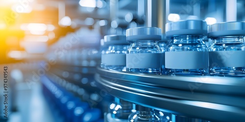 Close-up of glass vials on a conveyor belt in a pharmaceutical production facility, showcasing modern manufacturing processes. photo