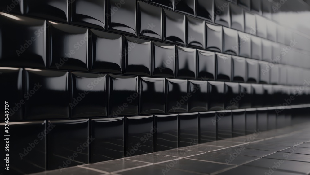Fototapeta premium A long angle view of glossy black tiles, showcasing a modern and reflective surface that adds depth to any space.