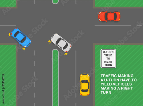Safe driving tips and traffic regulation rules. United States "u-turn yield to right turn" sign meaning. Top view of a traffic flow at intersection. Flat vector illustration template.