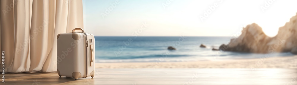 White suitcase by a sunlit beach view through a window, evoking travel, relaxation, and vacation vibes. White suitcase by a sunlit beach view through a window, evoking travel, relaxation, and vacation vibes.
