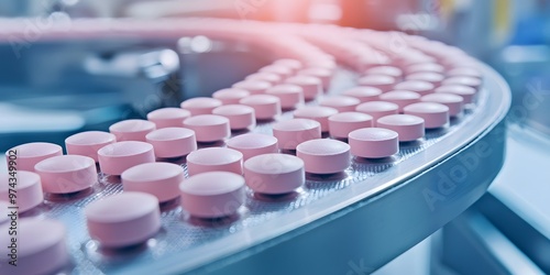 Close-up of pink tablets on a production line in a pharmaceutical facility showcasing modern manufacturing processes.