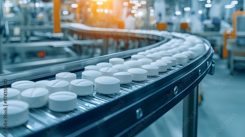 Obraz premium Close-up of white pills on a production line in a modern pharmaceutical facility, highlighting efficient manufacturing processes.