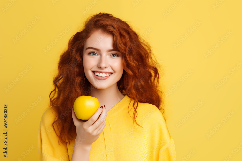 Young pretty Redhead girl over colorful background with an apple