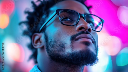 A person wearing glasses is depicted in profile against a blurred backdrop of neon lights, presenting a unique mixture of modern style and thoughtful contemplation.