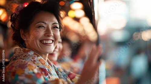 A radiant woman wearing an elegant floral kimono, surrounded by the colorful lights of a festival, elegantly embodies culture, joy, and celebration.