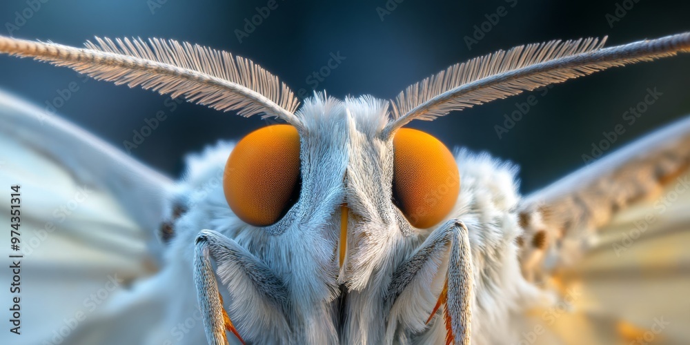 Detailed macro view of a moth's vibrant orange eyes and antennae with soft fur details against a smooth gradient background Detailed macro view of a moth's vibrant orange eyes and antennae with soft fur details against a smooth gradient background