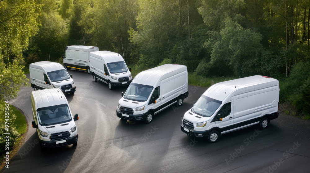A group of white vans are currently parked on the side of a busy road A group of white vans are currently parked on the side of a busy road