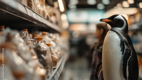 A penguin is seen standing in a grocery store aisle, appearing to browse through the various products on the shelves, creating a whimsical and amusing scene. photo