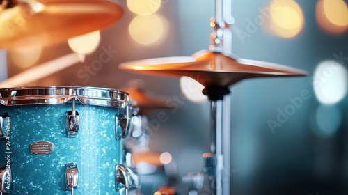 A high-angle shot highlights a shimmering drum set with warm-colored bokeh lights in the blurred background, creating a rich and immersive musical scene. photo