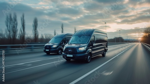 Two vans are driving down the highway as the sun sets in the sky