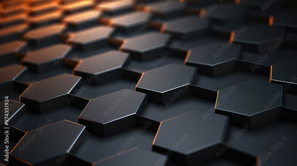 Abstract geometric background with a hexagonal pattern. The hexagons are black and have a subtle glow, creating a futuristic and modern look. Abstract geometric background with a hexagonal pattern. The hexagons are black and have a subtle glow, creating a futuristic and modern look.