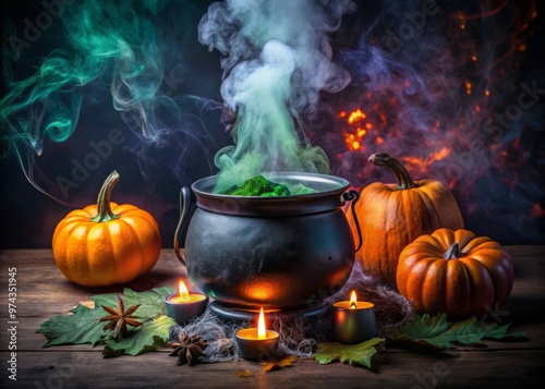 Mysterious witch's cauldron halloween image with bubbling potion and bubbling steam photo