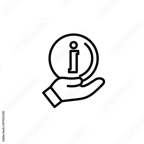 Black and white line art icon of a hand holding an information symbol.
