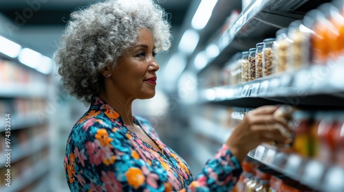 A middle-aged woman with layered curls scrutinizes products on a grocery store shelf, highlighting diligence, detail, and the essence of everyday decisions. photo