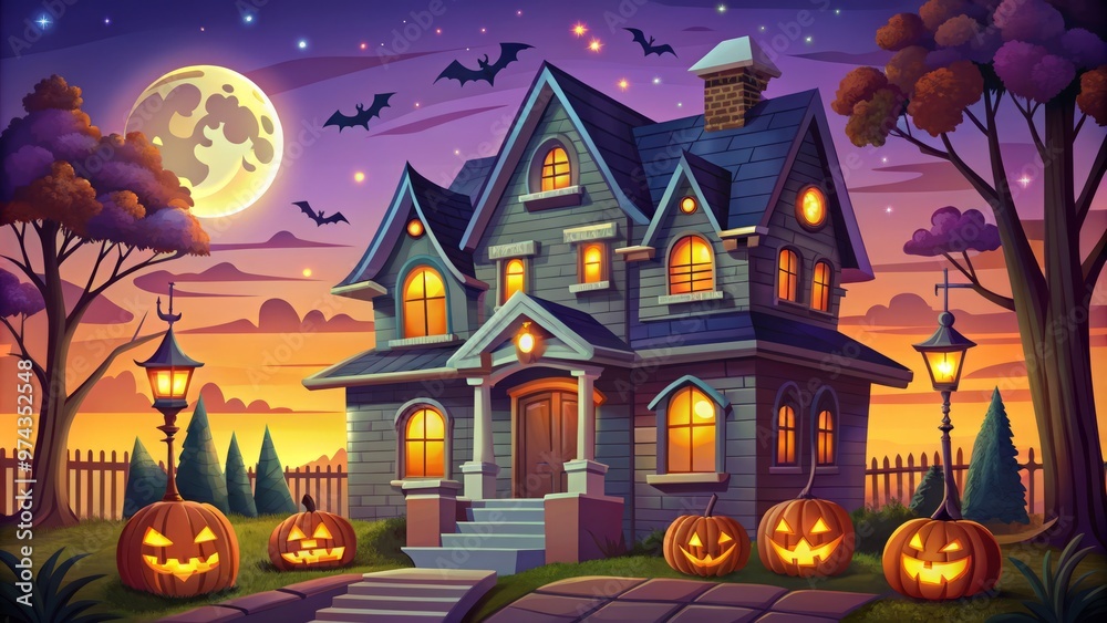 Note: I've combined the details you provided to create a single keyword that captures the main theme, mood, style, technical, and color aspects of the Halloween cartoon house. Note: I've combined the details you provided to create a single keyword that captures the main theme, mood, style, technical, and color aspects of the Halloween cartoon house.
