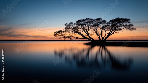 A stunning view of a lone tree silhouetted against a mesmerizing sunset sky, its reflection mirrored perfectly on the calm waters of a still lake.