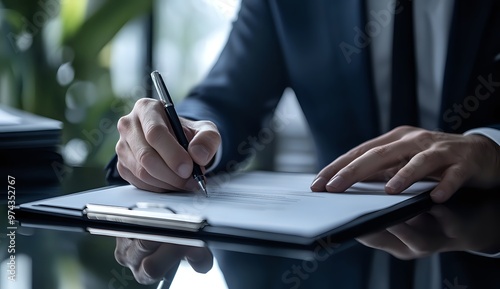 Close-up of a hand signing a document with a pen, a symbolic image for agreements and contracts. photo