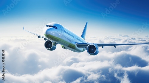 A commercial airplane soars through a breathtaking expanse of fluffy clouds, bathed in the warm glow of the setting sun.