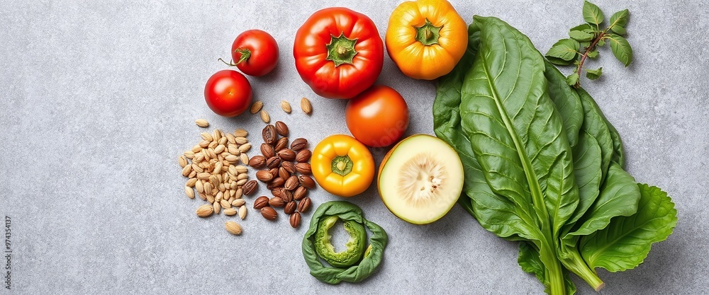 Healthy food clean eating selection fruit, vegetable, seeds, superfood, cereal, leaf vegetable generative AI Healthy food clean eating selection fruit, vegetable, seeds, superfood, cereal, leaf vegetable generative AI
