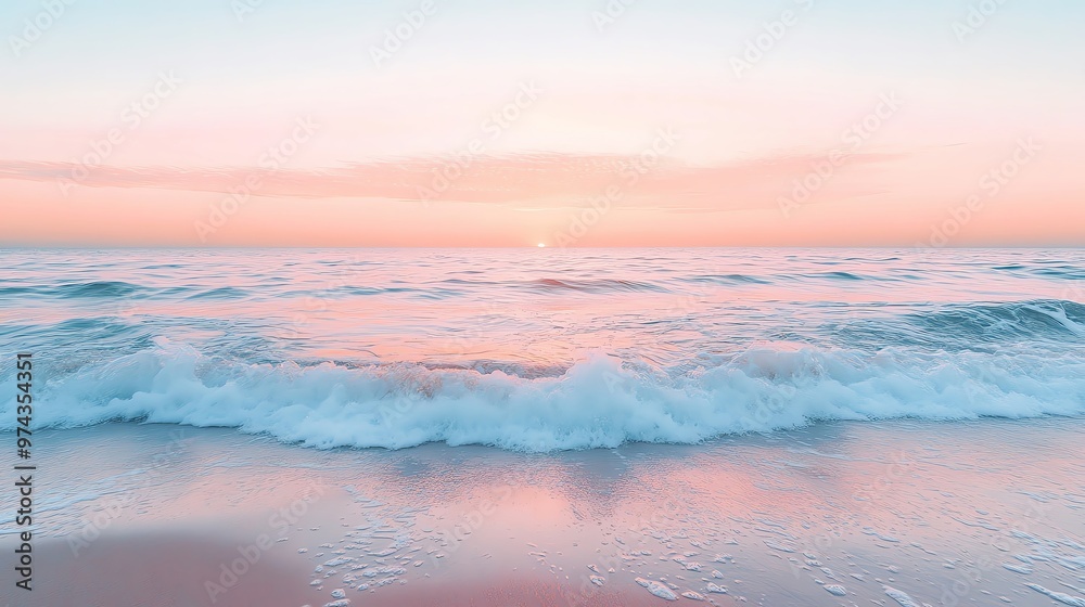 Fototapeta premium A serene beach scene at sunset, showcasing gentle waves and a pastel sky, perfect for relaxation and tranquility.