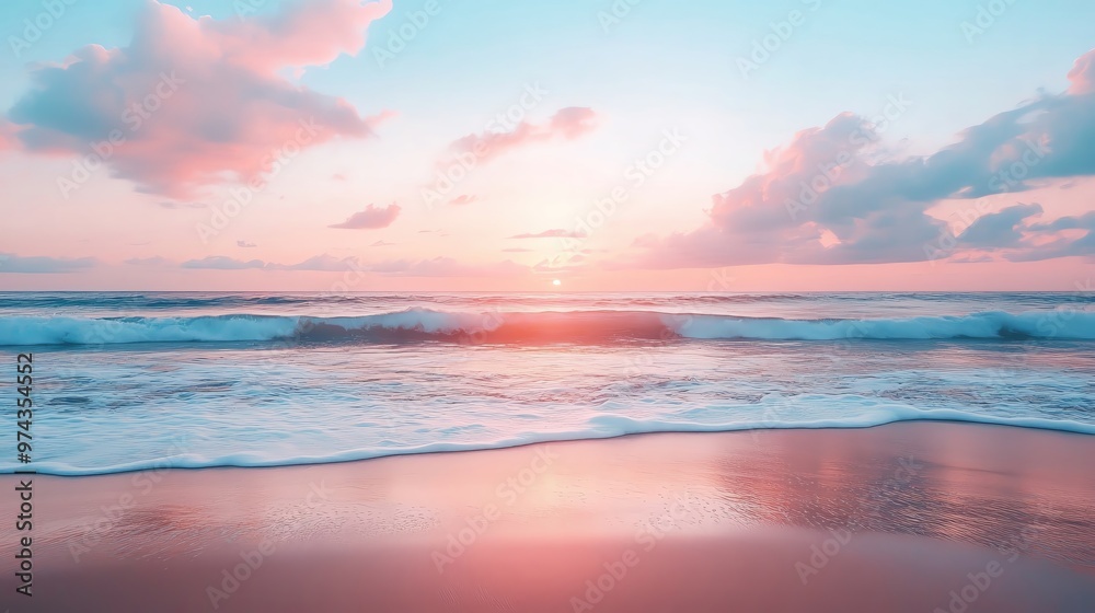 A serene ocean sunset with pink clouds and gentle waves, reflecting warm colors on a calm beach. A serene ocean sunset with pink clouds and gentle waves, reflecting warm colors on a calm beach.