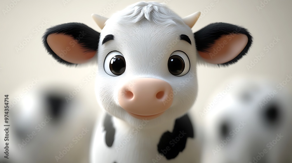 A cute cartoon cow with big brown eyes looking directly at the camera, with other cows blurred in the background. A cute cartoon cow with big brown eyes looking directly at the camera, with other cows blurred in the background.