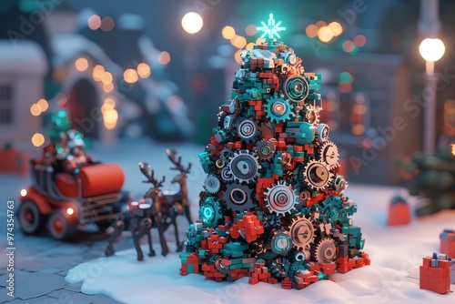 Whimsical Christmas tree made of mechanical parts and trinkets, winter holiday decor with toy car and ornaments