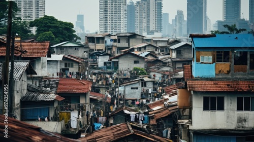 A vibrant cityscape with a mix of modern skyscrapers and traditional houses.