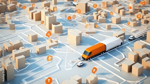 A 3D illustration of a city map with buildings and roads. The map is rendered in a minimalist style with a focus on geometric shapes.