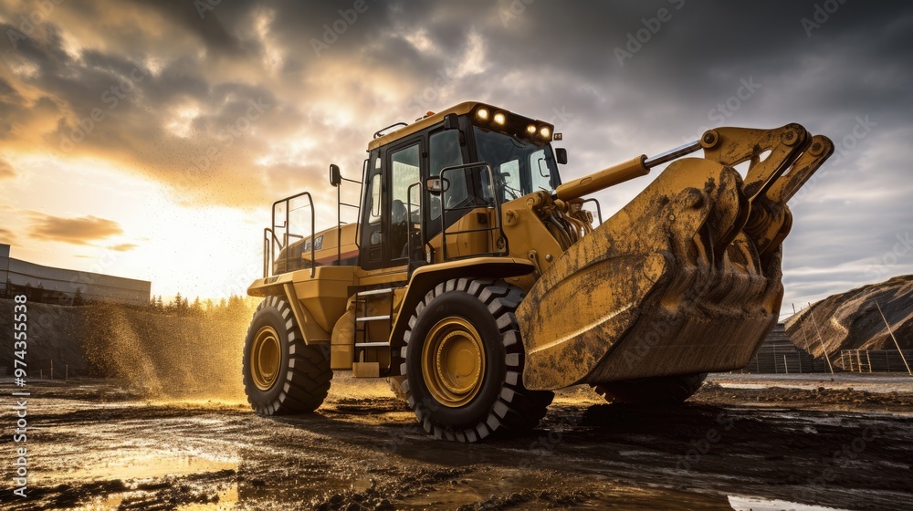 A powerful yellow loader stands in a muddy quarry, its bucket raised high, ready to move earth. A powerful yellow loader stands in a muddy quarry, its bucket raised high, ready to move earth.