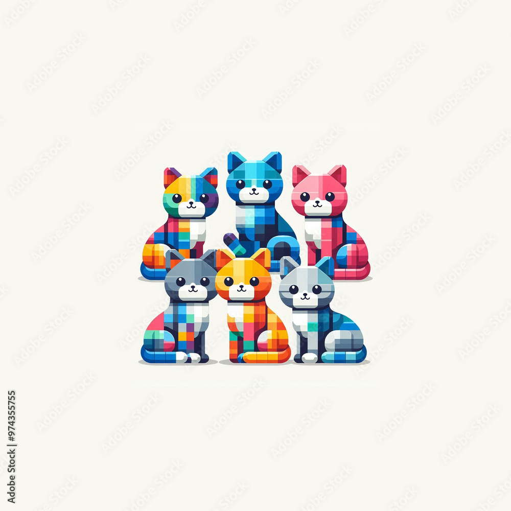 Six cats made of colorful blocks. Six cats made of colorful blocks.