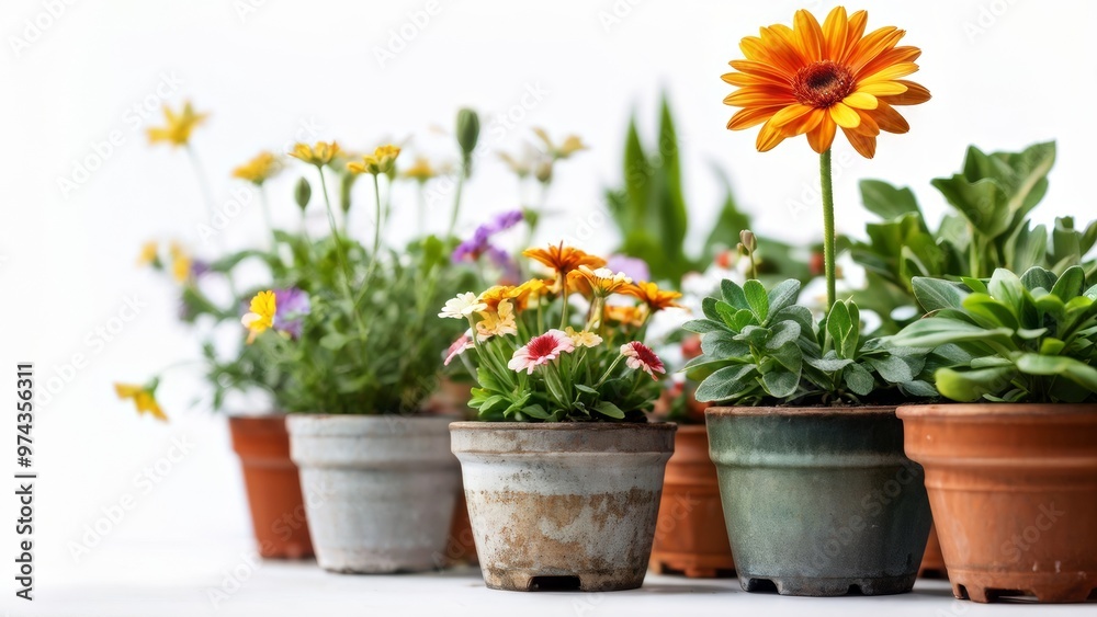 Different flowers in pots, standing out on a white background. Commercial photo. Different flowers in pots, standing out on a white background. Commercial photo.
