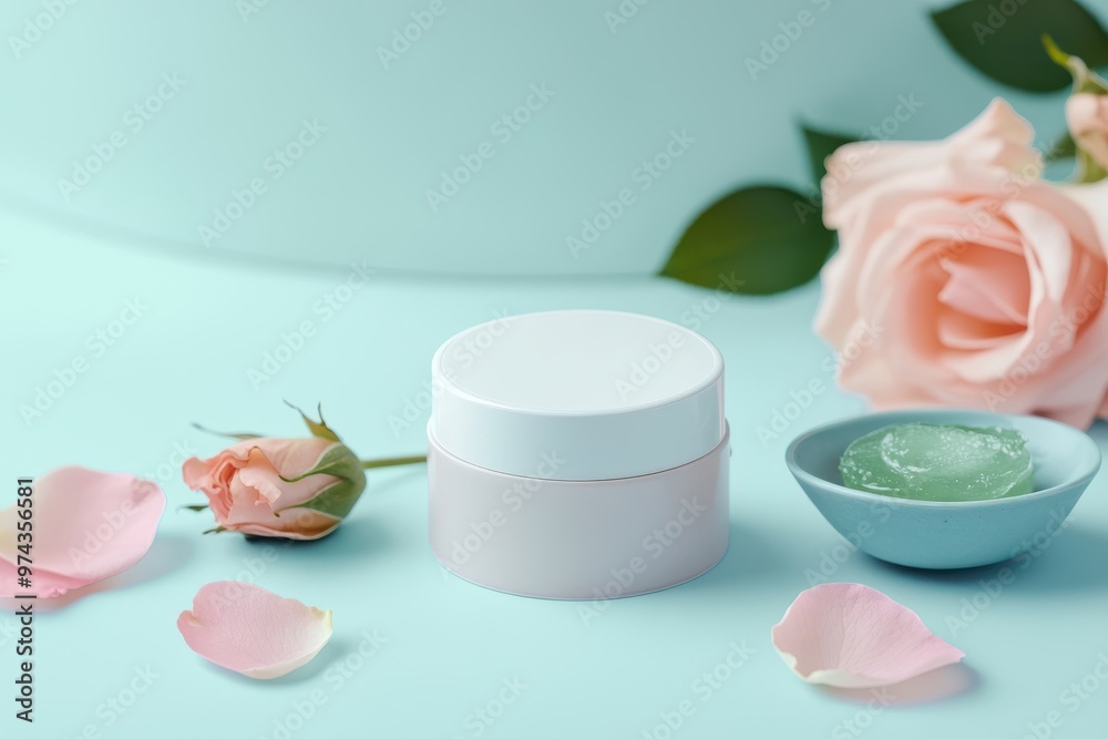 A serene arrangement of skincare products with roses and petals, emphasizing beauty and relaxation. A serene arrangement of skincare products with roses and petals, emphasizing beauty and relaxation.