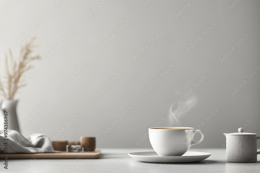 Obraz premium A serene coffee scene with steam rising, set against a minimalist background.