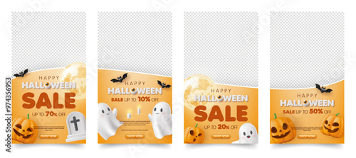 Set of 3d happy halloween sale banner template. special discount promotion sale offer with pumpkin, ghost on orange background. online shop, store, advertising, flyer, poster, web, social media post