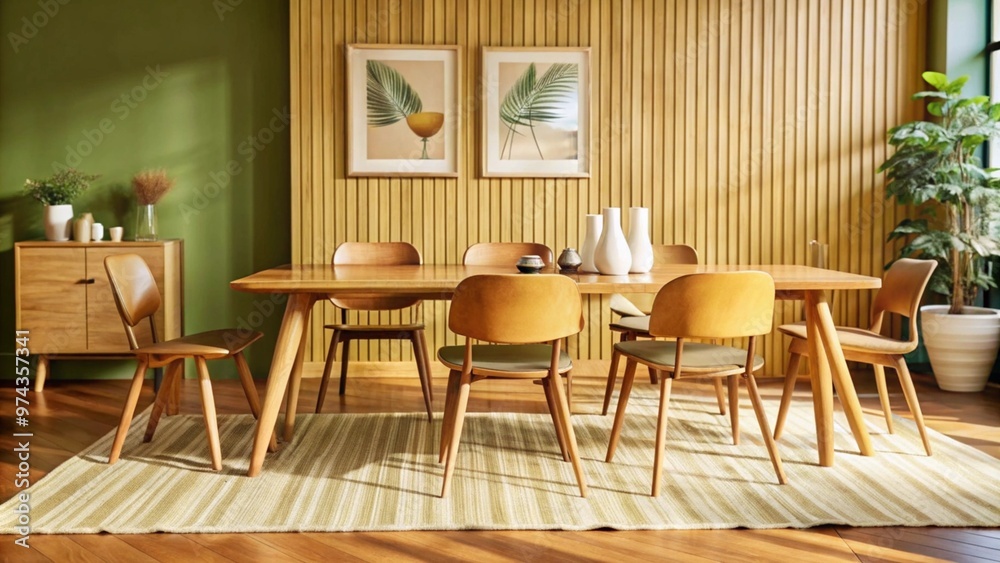 Wooden dining table and chairs against green wall. Scandinavian, mid-century home interior design of modern dining room.
Wooden dining table and chairs against green wall. Scandinavian, mid-century home interior design of modern dining room.